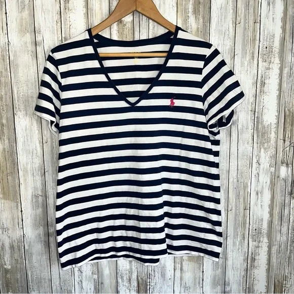 Polo Ralph Lauren Striped V Neck Tee XL Navy White Cotton Women Classic Logo - Picture 1 of 5